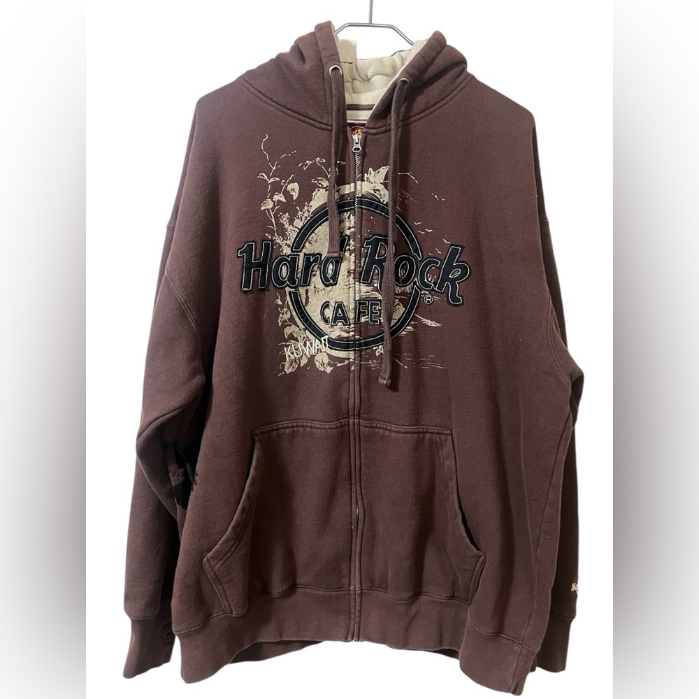 Hard Rock Cafe Kuwait Y2K brown embroidered zip up hoodie sweatshirt Made in UAE
